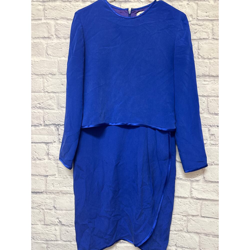 Misho Vintage 100% Silk Royal Blue Dress Pleated Skirt Long Sleeve Knee Length 6